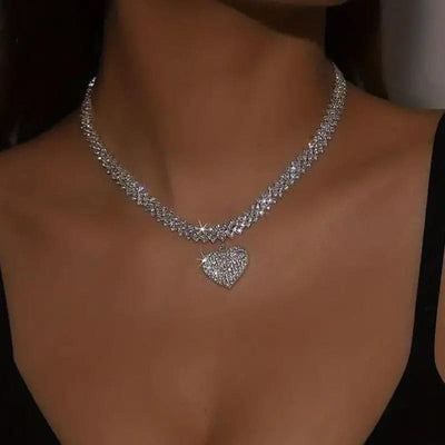 Beautiful Silver Love Heart/Silver Full Diamond Fashion Necklace